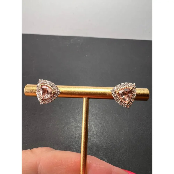 Morganite and zircon trillion halo rose gold over sterling stud earrings - Picture 5 of 10